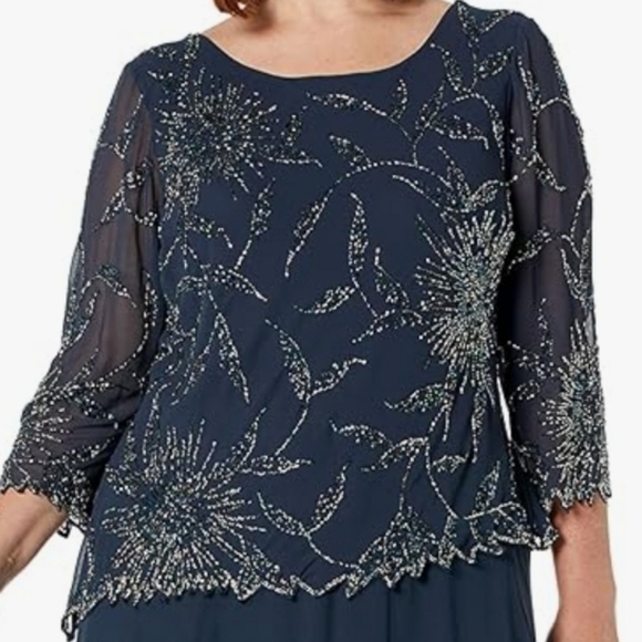 JK ARA Women's Blue 3/4 Sleeve Handmade Beaded Mock  Dress NWT Size 16P - Picture 3 of 10